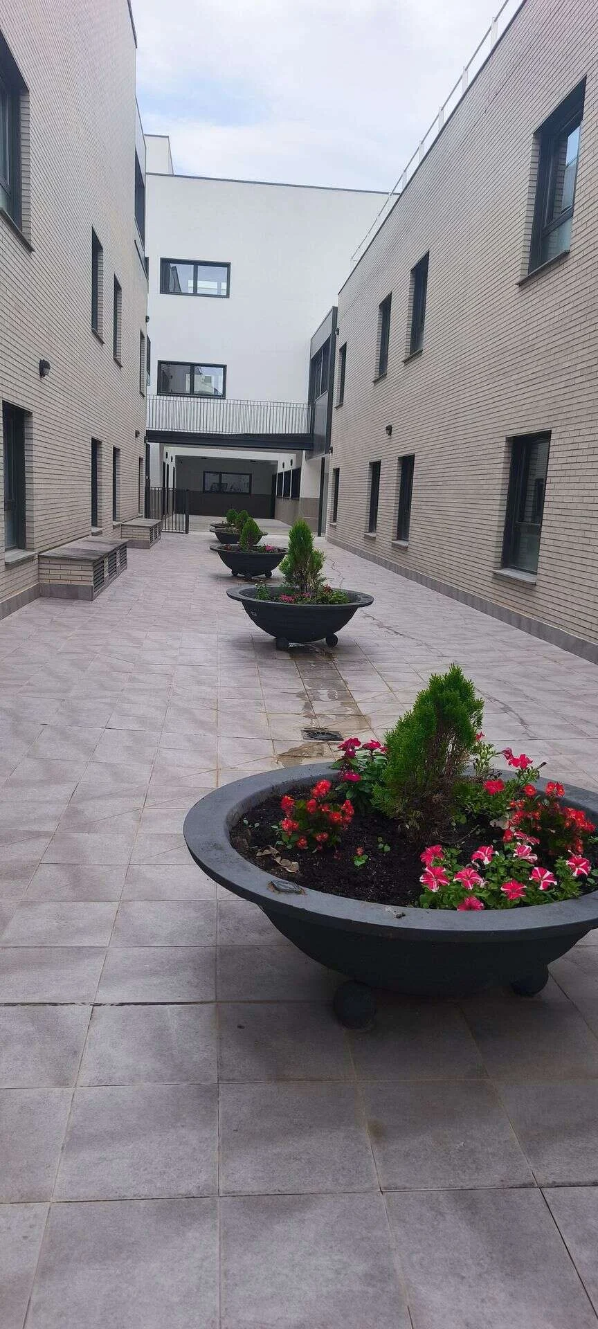 Patio de una comunidad con zona ajardinada